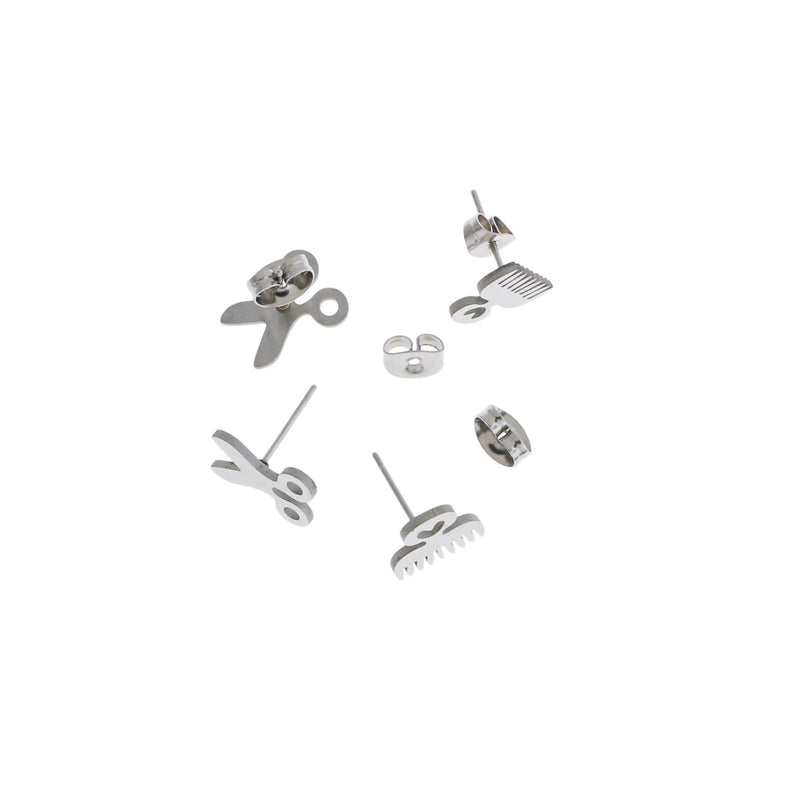 Stainless Steel Earrings - Hair Comb and Scissor Studs - 10mm x 9mm - 2 Pieces 1 Pair - ER368