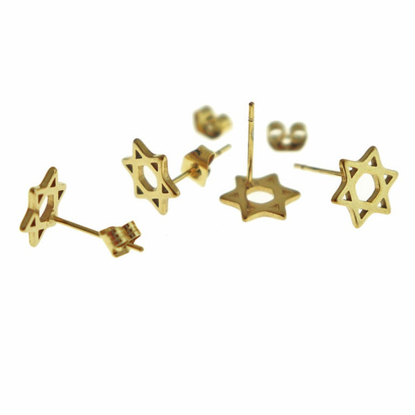 Gold Stainless Steel Earrings - Star of David Studs - 9.5mm x 8mm - 2 Pieces 1 Pair - ER806