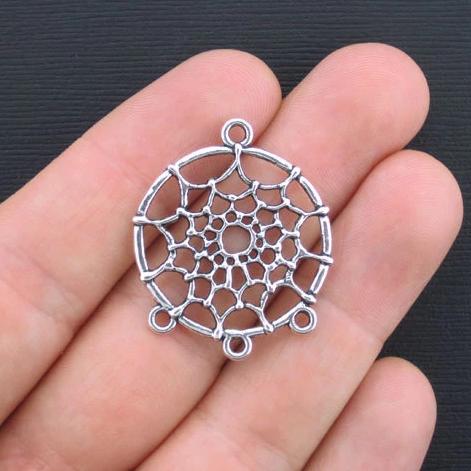 4 Dreamcatcher Connector Antique Silver Tone Charms 2 Sided - SC3384