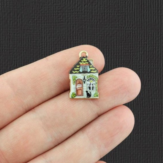 4 Haunted House Gold Tone Enamel Charms - E501