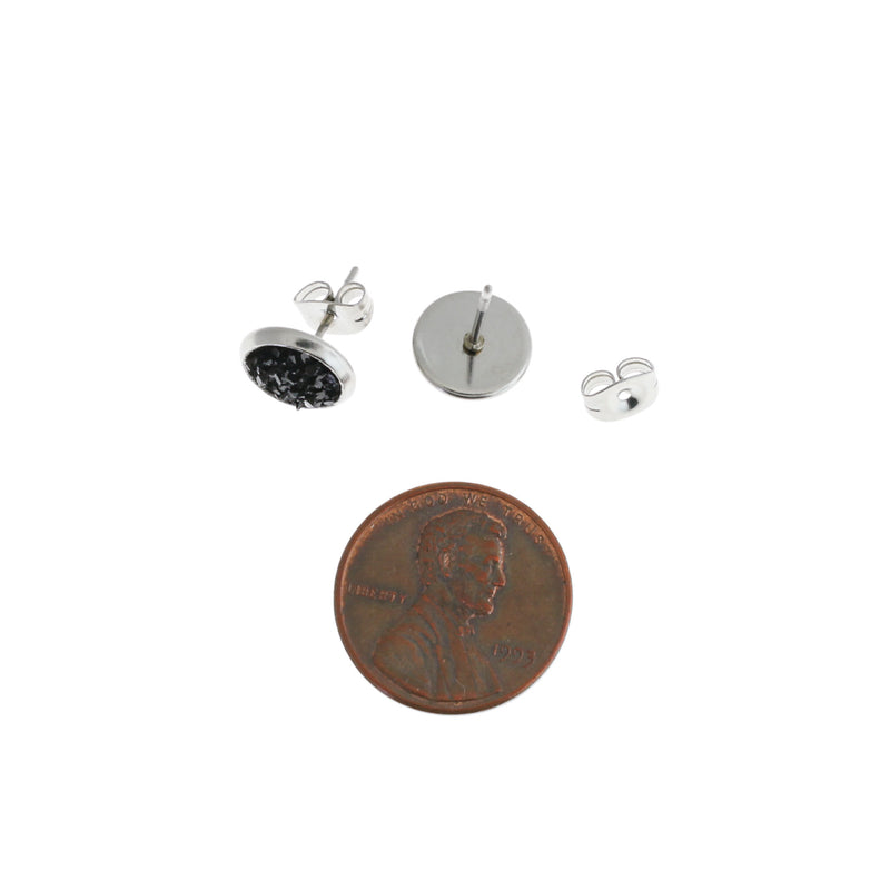 Black Druzy Earrings - Stainless Steel Stud - 8mm - 2 Pieces 1 Pair - ER217