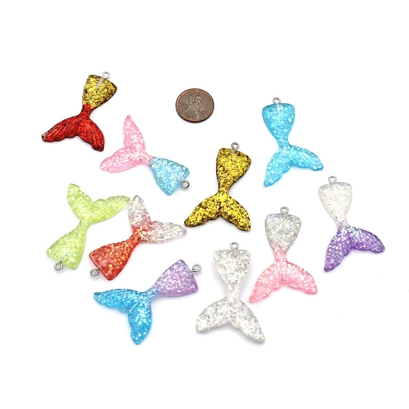 6 Mermaid Tail Resin Charms Assorted Colors 2 Sided - K349