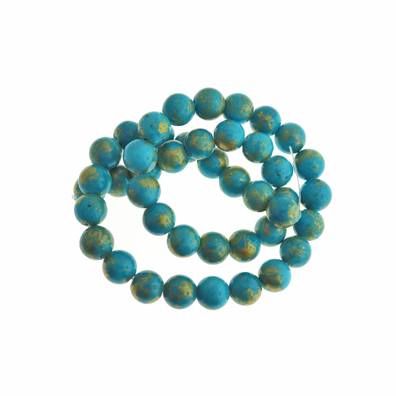 Perles rondes en jade naturel 10 mm - Poudre bleue et dorée - 1 rang 41 perles - BD1754