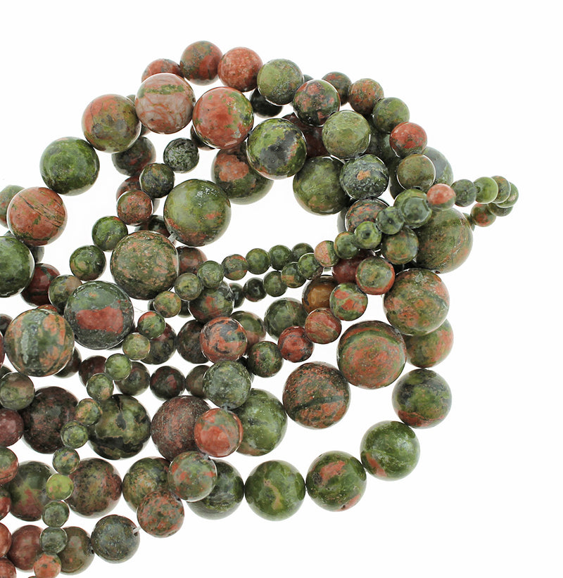 Round Natural Unakite Beads 4mm -12mm - Choose Your Size - Forest Green and Coral - 1 Full 15" Strand - BD1871