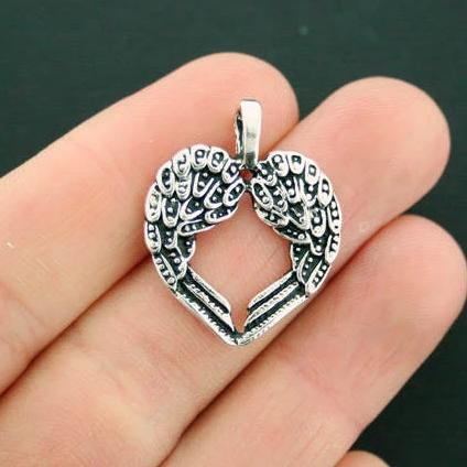 4 Angel Wings Heart Antique Silver Tone Charms - SC6105