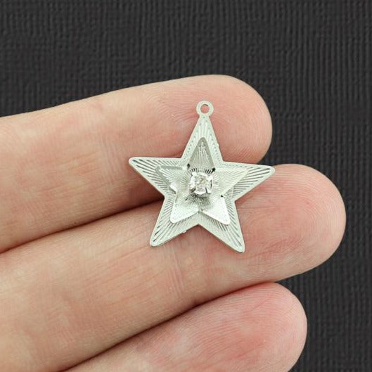 2 Filigree Star Silver Tone Brass Charms 3D With Inset Rhinestone - BR152