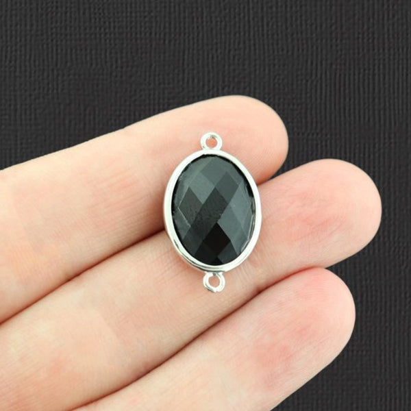 Natural Black Agate Faceted Oval Connector 2 Sided - GEM036