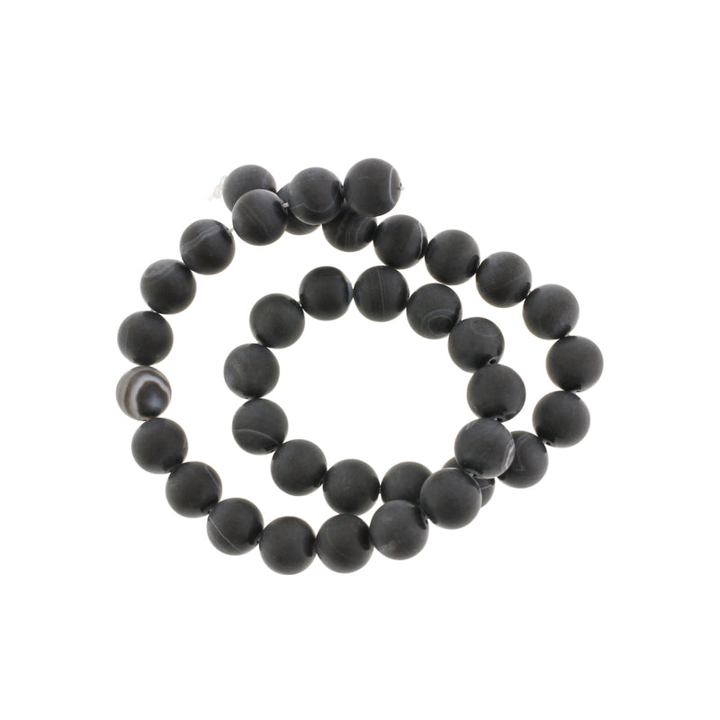 Round Natural Agate Beads 10mm - Frosted Black Marble - 1 Strand 36 Beads - BD1419