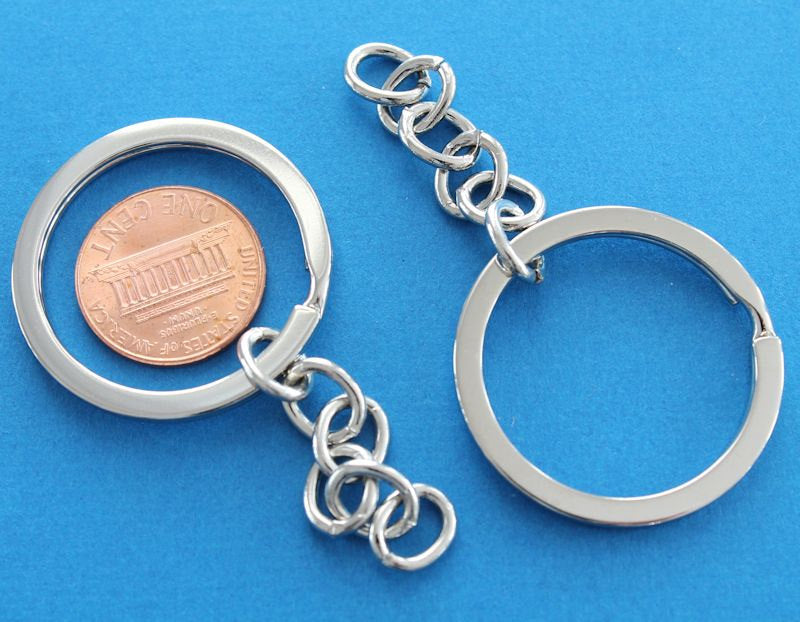 Silver Tone Key Rings with Attached Chain - 26mm - 6 Pieces - Z009
