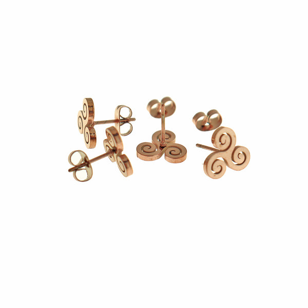 Rose Gold Tone Stainless Steel Earrings - Triskele Triple Spiral Studs - 10mm - 2 Pieces 1 Pair - ER890
