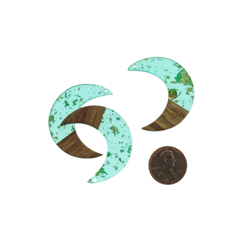 Crescent Moon Natural Wood and Turquoise and Gold Resin Charm 38mm - WP327