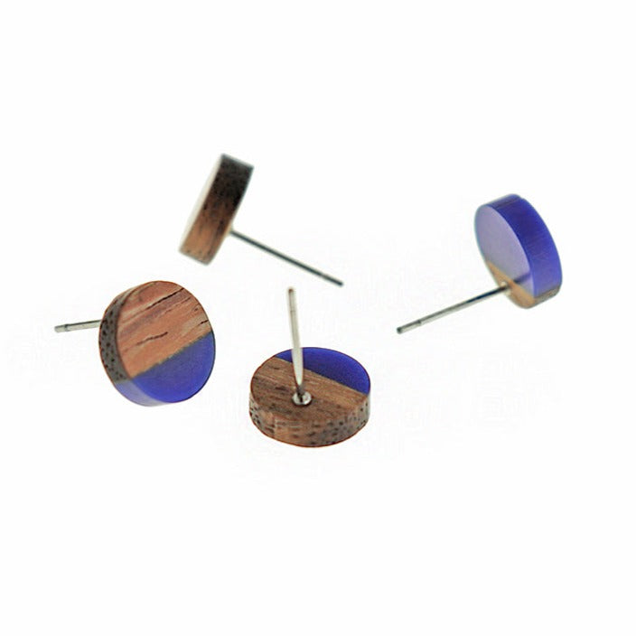 Wood Stainless Steel Earrings - Blue Resin Round Studs - 10mm - 2 Pieces 1 Pair - ER782