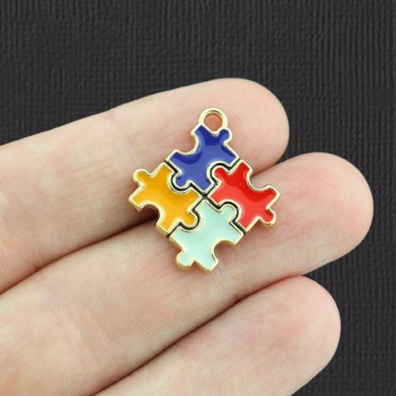 2 Autism Awareness Rainbow Puzzle Gold Tone Enamel Charms - E1044