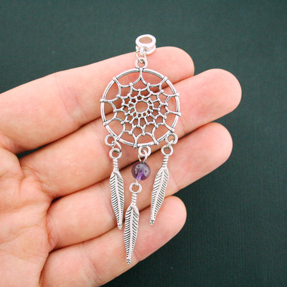 2 Dream Catcher Antique Silver Tone Charms with Purple Glass - SC6057