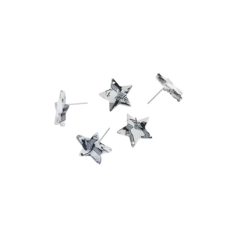 Resin Stainless Steel Earrings - Black and White Star Studs - 17mm x 16.5mm - 2 Pieces 1 Pair - ER168
