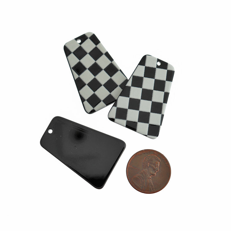 2 Black and White Checkered Acrylic Charms - K587