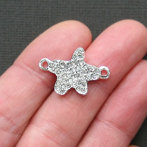 SALE 2 Starfish Connector Silver Tone Charms with Inset Rhinestones - SC2528