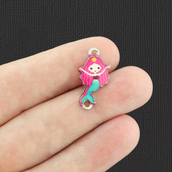 2 Pink Hair Mermaid Connector Silver Tone Enamel Charms - E988