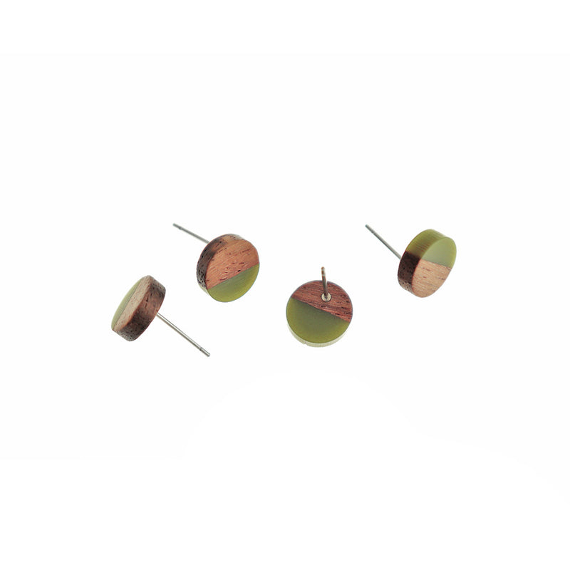 Wood Stainless Steel Earrings - Green Resin Round Studs - 10mm - 2 Pieces 1 Pair - ER775