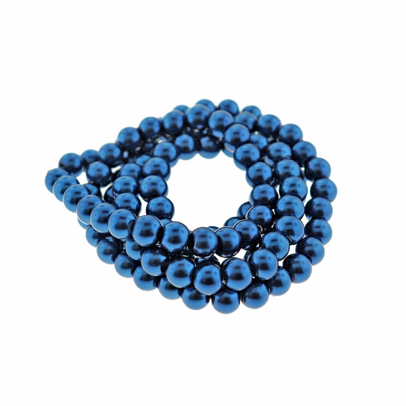 Perles de Verre Rondes 8mm - Bleu Marine Nacré - 1 Rang 105 Perles - BD364