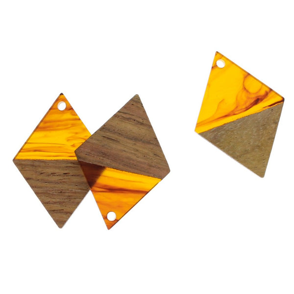 2 Rhombus Natural Wood and Brown Swirl Resin Charms 34mm - WP217