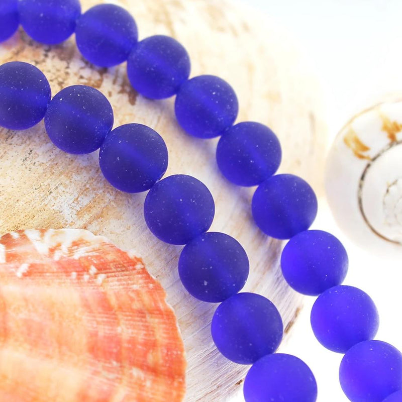 Round Cultured Sea Glass Beads 10mm - Royal Blue - 1 Strand 21 Beads - U147
