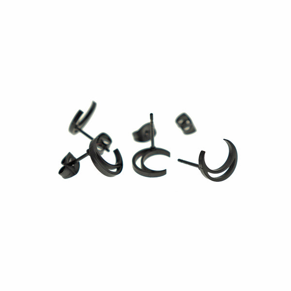 Black Tone Stainless Steel Earrings - Crescent Moon Outline Studs - 10mm x 8mm - 2 Pieces 1 Pair - ER977