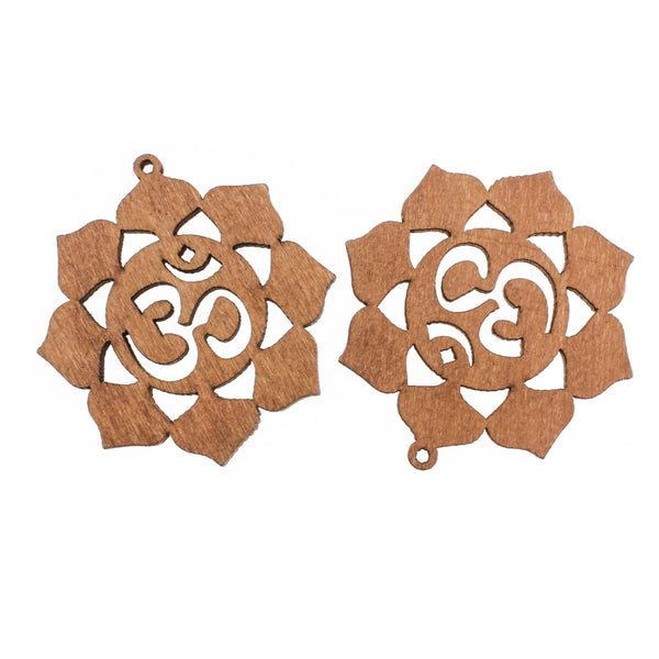 4 Om Lotus Natural Wood Charms 2 Sided - WP348