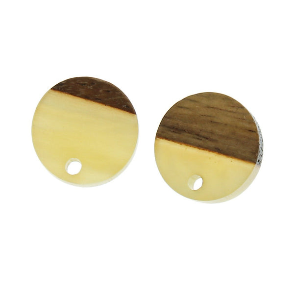Wood Stainless Steel Earrings - Yellow Resin Round Studs - 14mm - 2 Pieces 1 Pair - ER289