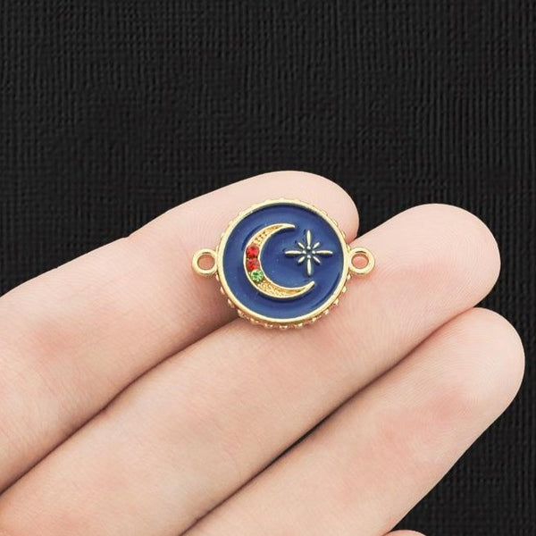 4 Crescent Moon Connector Gold Tone Enamel Charms with Inset Rhinestones - E1214