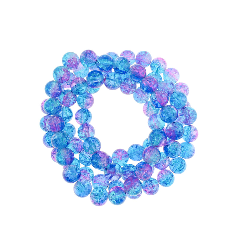 Perles Rondes en Verre 10mm - Craquelé Bleu Ciel et Rose Bubblegum - 1 Rang 85 Perles - BD066