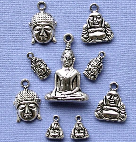Buddha Charm Collection Antique Silver Tone 9 Charms - COL183