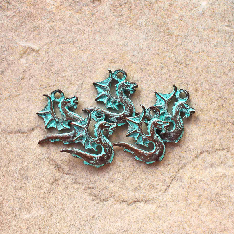 Dragon Antique Copper Tone Mykonos Charms with Green Patina 2 Sided - BC1541
