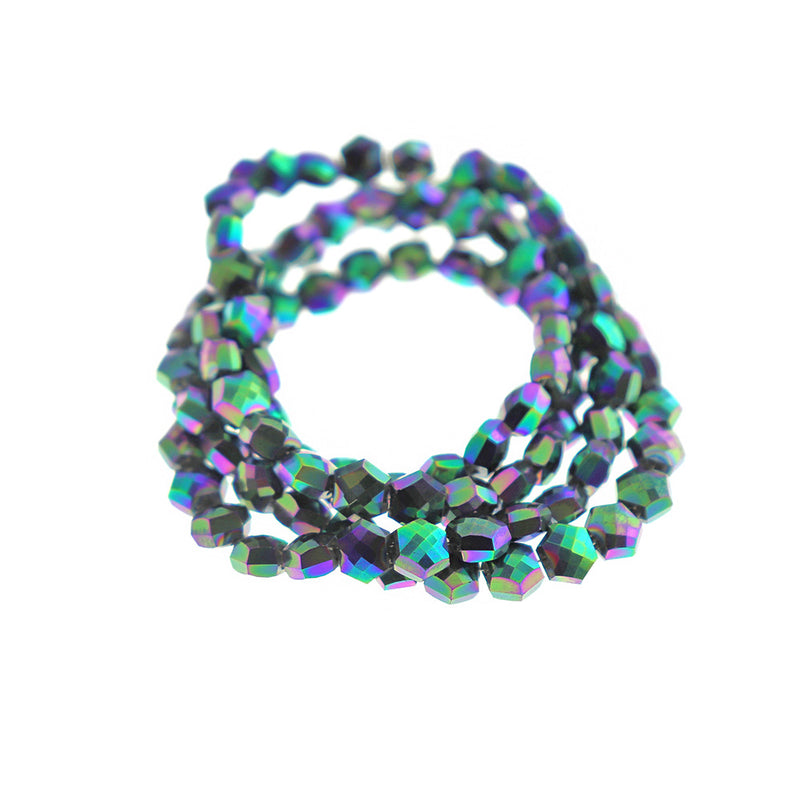 Perles de verre hexagonales 6 mm x 5 mm - arc-en-ciel électroplaqué - 1 brin 99 perles - BD1494