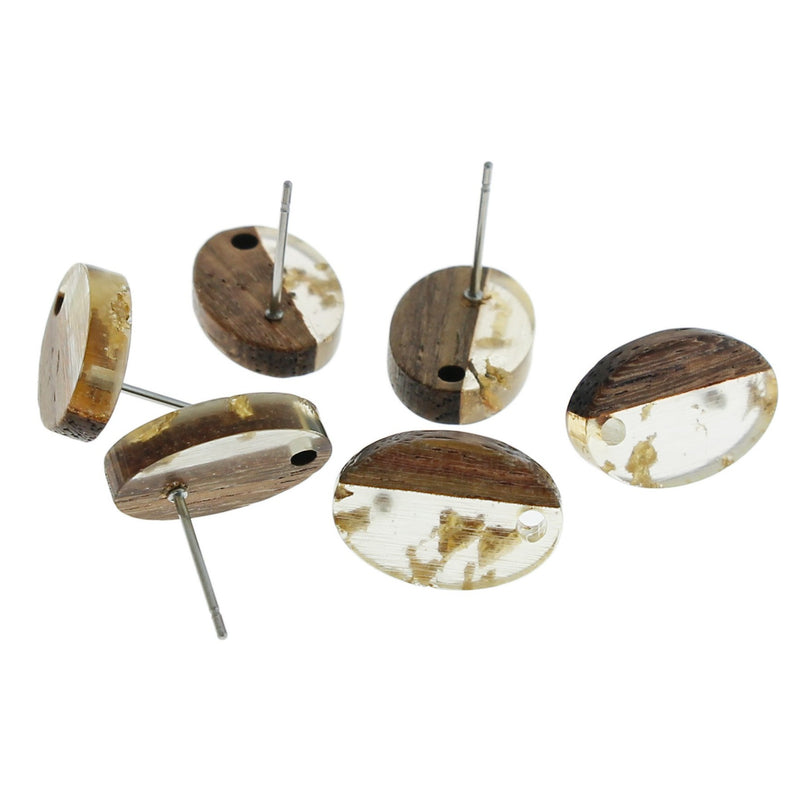 Wood Stainless Steel Earrings - Clear and Gold Resin Oval Studs - 15mm x 10mm - 2 Pieces 1 Pair - ER311