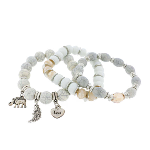 Round Synthetic Jade and Howlite Beaded Bracelet Stack - 48mm - White Marble with Dangle Charms - 1 Set 3 Bracelets - BB243