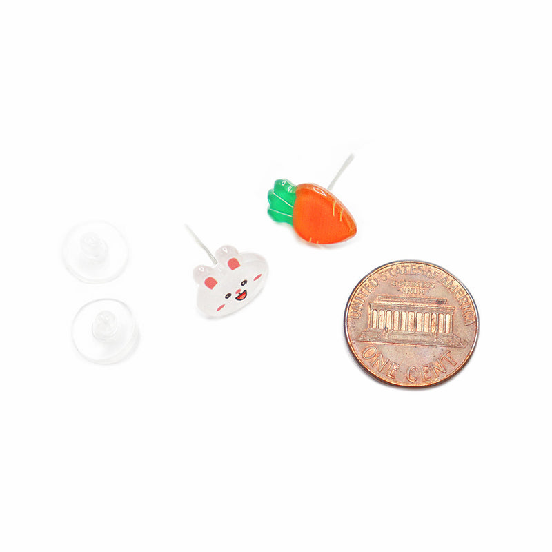 Resin Earring Easter Studs - Carrot and Rabbit - 10mm x 6mm - 2 Pieces 1 Pair - ER254