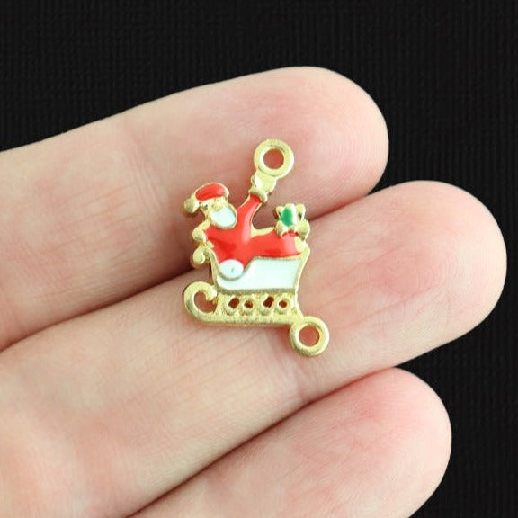 6 Christmas Santa Sleigh Gold Tone Enamel Charms - E232