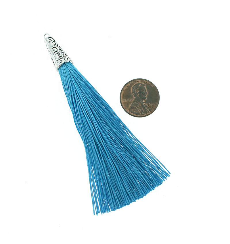 Polyester Tassel with Cap - Sky Blue and Silver Tone - 4 Pieces - TSP012
