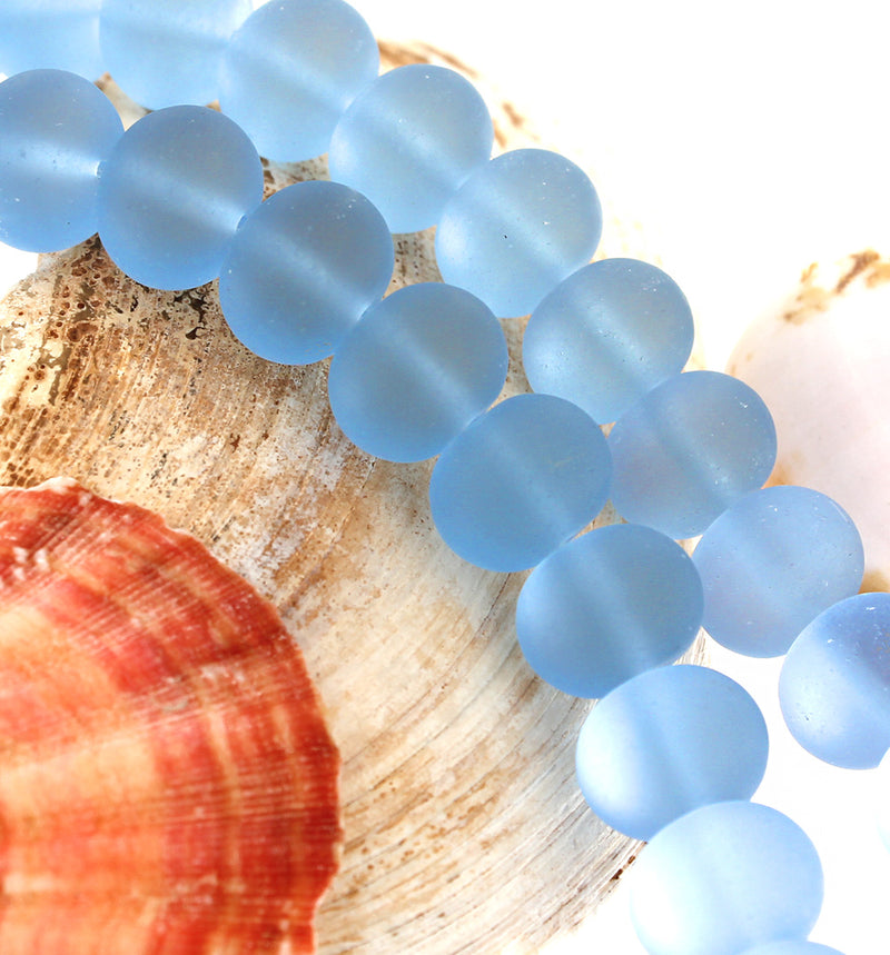 Rondelle Cultured Sea Glass Beads 14mm x 10mm - Frosted Cornflower Blue - 1 Strand 18 Beads - U079