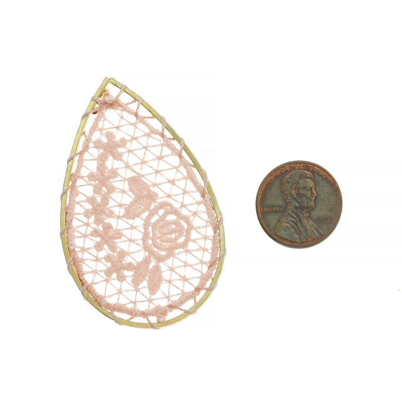 2 pendentifs en forme de larme rose tissé rose clair - TSP242