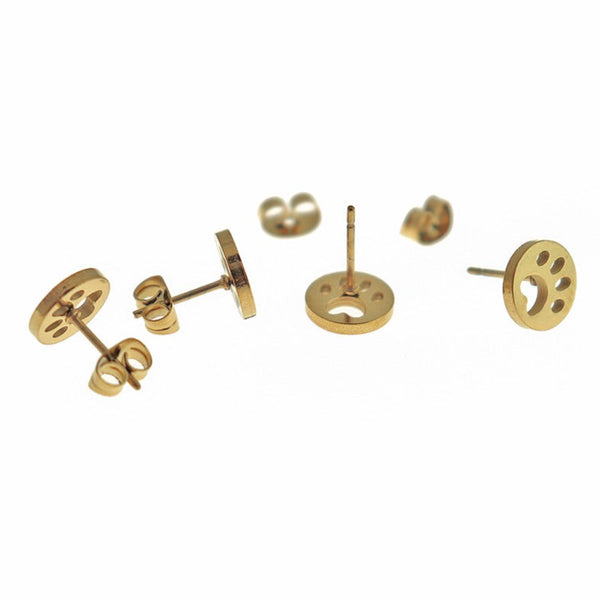 Boucles d'oreilles en acier inoxydable doré - clous d'impression de patte - 9 mm - 2 pièces 1 paire - ER583
