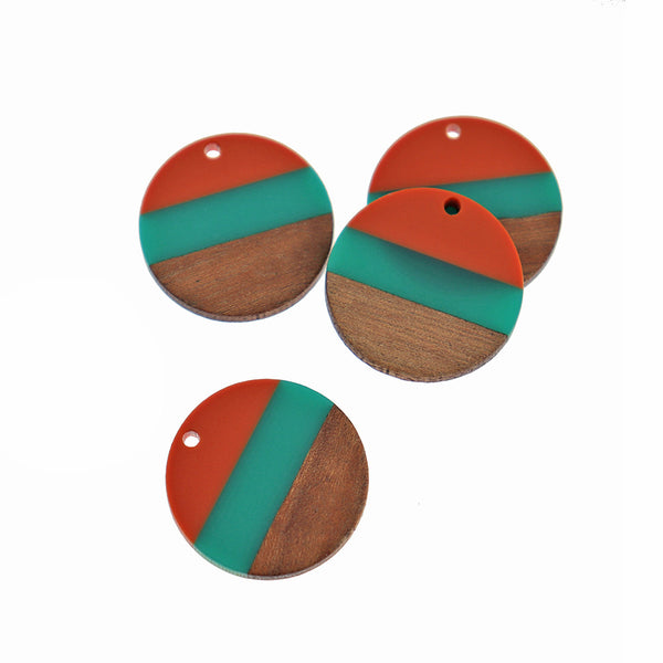 Round Natural Wood and Orange & Turquoise Resin Charm 28mm - WP124
