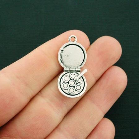 4 Makeup Compact Antique Silver Tone Charms 2 Sided - SC6499