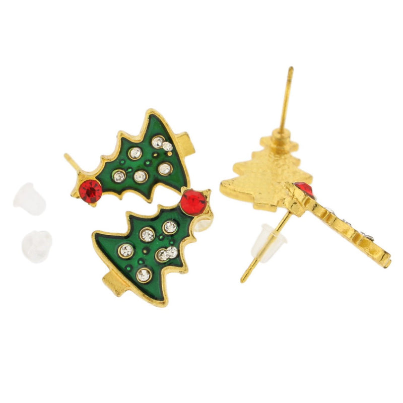 Boucles d'oreilles à tige dorées - Sapin de Noël en émail avec strass incrustés - 18 mm - 2 pièces 1 paire - ER514