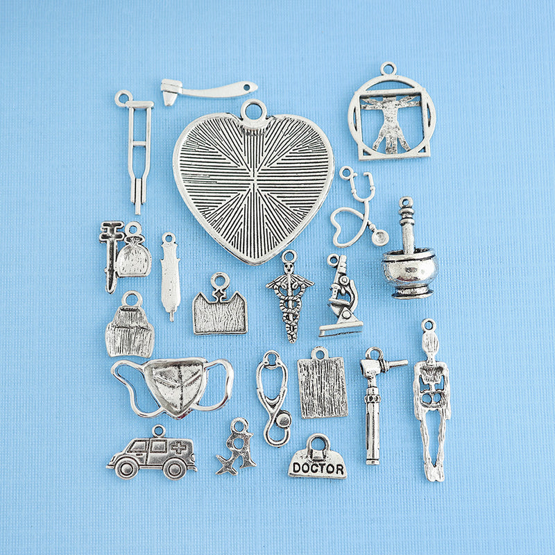 Deluxe Medical Charm Collection Antique Silver Tone 20 Different Charms - COL315