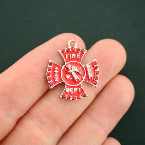 Fire Department Silver Tone Enamel Charm with Inset Rhinestones - E450