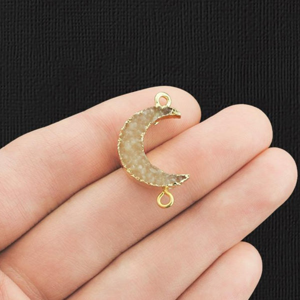 2 Linen Crescent Moon Connector Druzy Gold Tone Resin Charms - K443