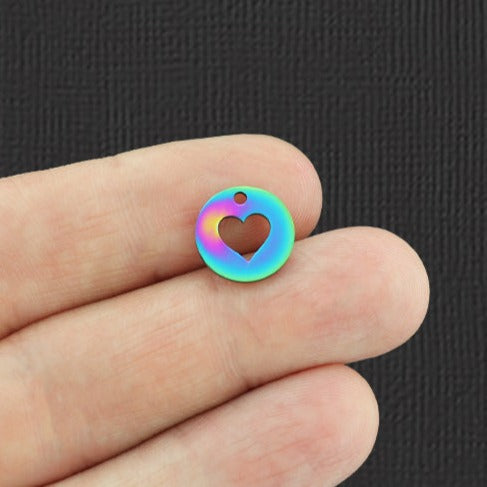 2 Heart Round Rainbow Electroplated Stainless Steel Charms - SSP124