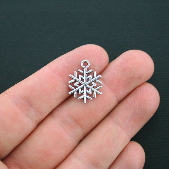10 Snowflake Antique Silver Tone Charms 2 Sided - SC4299